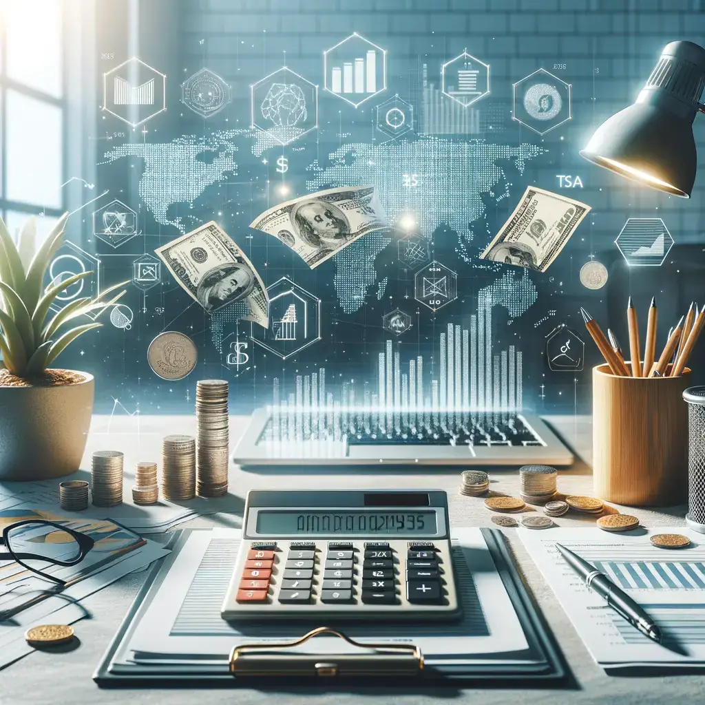 Imagen de un escritorio de oficina moderno con herramientas financieras. En el centro, se observa una calculadora sobre documentos y gráficos. Al fondo, se visualiza un mapa mundial, con billetes de dólar flotando y gráficos de datos financieros. Elementos como monedas apiladas y un jarrón con lápices complementan el ambiente, sugiriendo un enfoque en la contabilidad y el análisis de datos económicos. Ideal para temas relacionados con finanzas, inversiones y gestión empresarial.