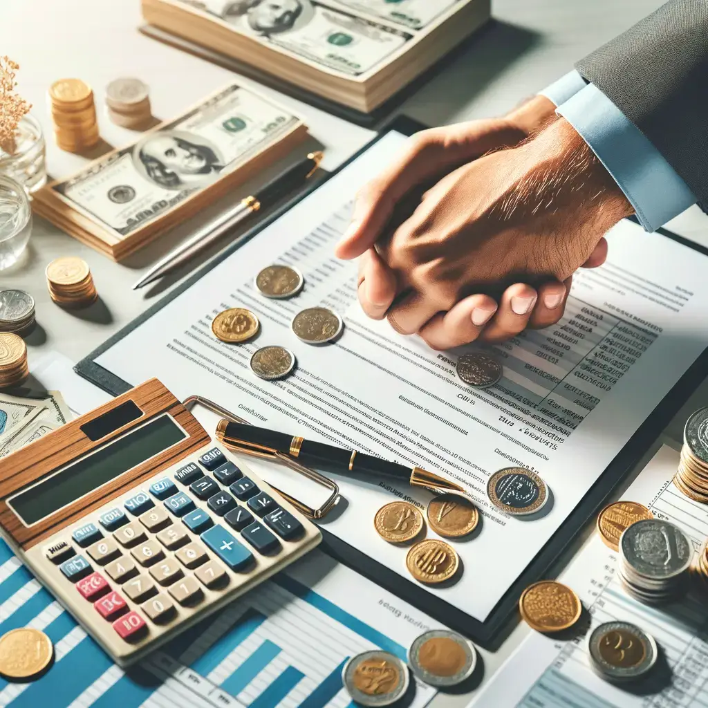 Imagen que representa una mesa de trabajo financiera, con billetes de dólar, monedas y documentos de contabilidad. Se observa una calculadora, un bolígrafo y hojas con gráficos y tablas de datos. Las manos entrelazadas sugieren un acuerdo o negociación financiera. Ideal para ilustrar temas de finanzas, inversiones y gestión de dinero.