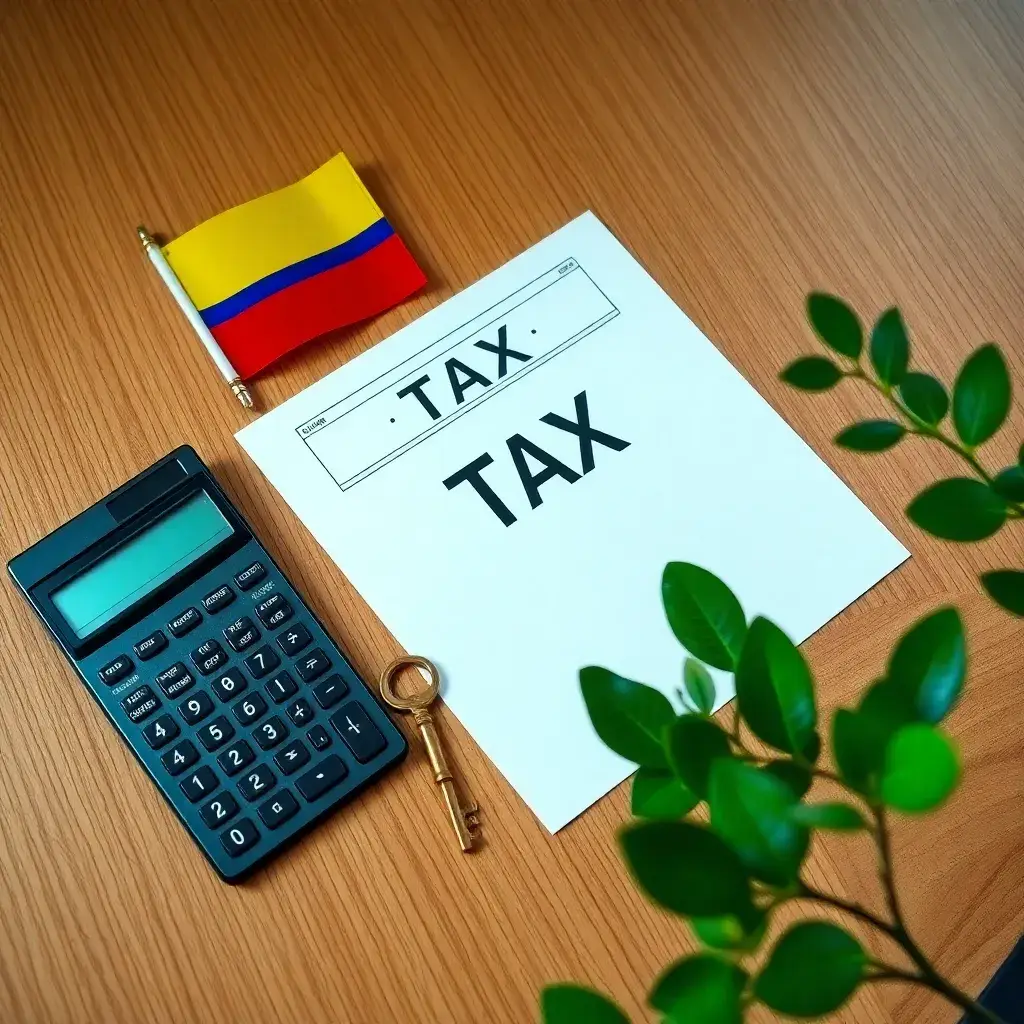 Documentos tributarios organizados con un calculador, una bandera colombiana y una planta verde, en un entorno profesional y acogedor.