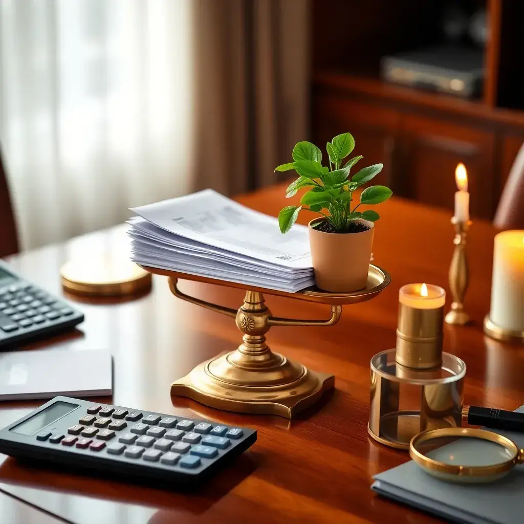 Escritorio de madera pulida con balanza de bronce, documentos tributarios, planta, calculadora y luz cálida, ideal para planificación financiera en Colombia.