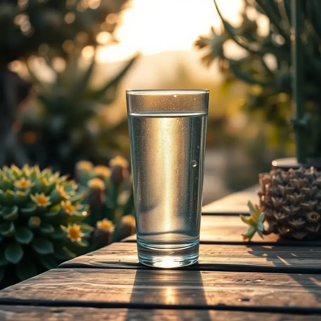 Vaso de agua cristalina sobre una mesa de madera desgastada, rodeado de flora desértica, simboliza la importancia de recursos accesibles en Colombia.