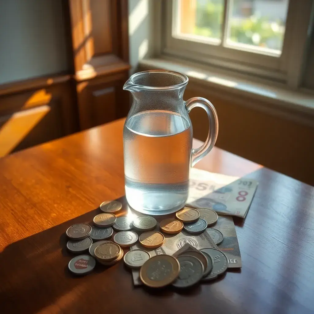 Mesa de madera pulida con un jarro de vidrio lleno de agua y monedas antiguas y billetes de Colombia, iluminada por luz natural.