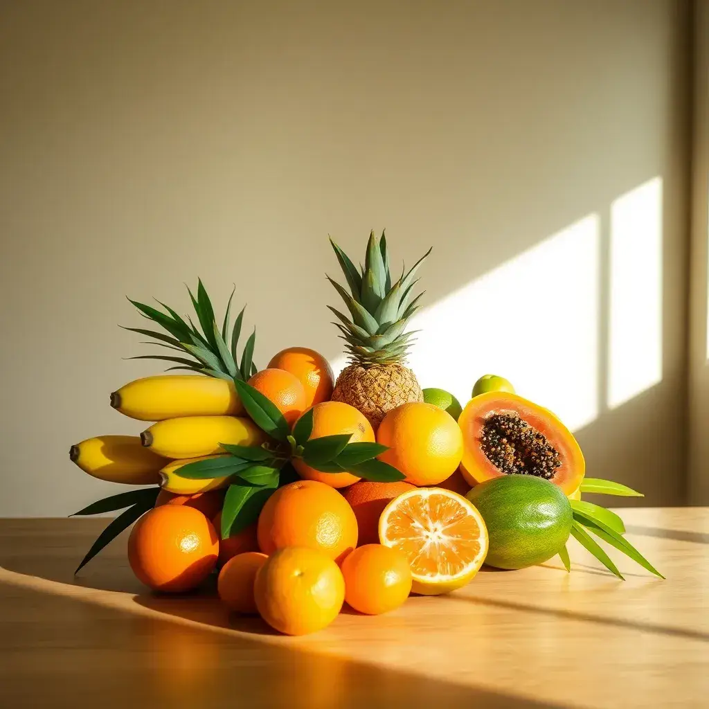 Arreglo artístico de frutas tropicales como plátanos, naranjas y papayas sobre una mesa de madera en Colombia, iluminado por luz cálida.