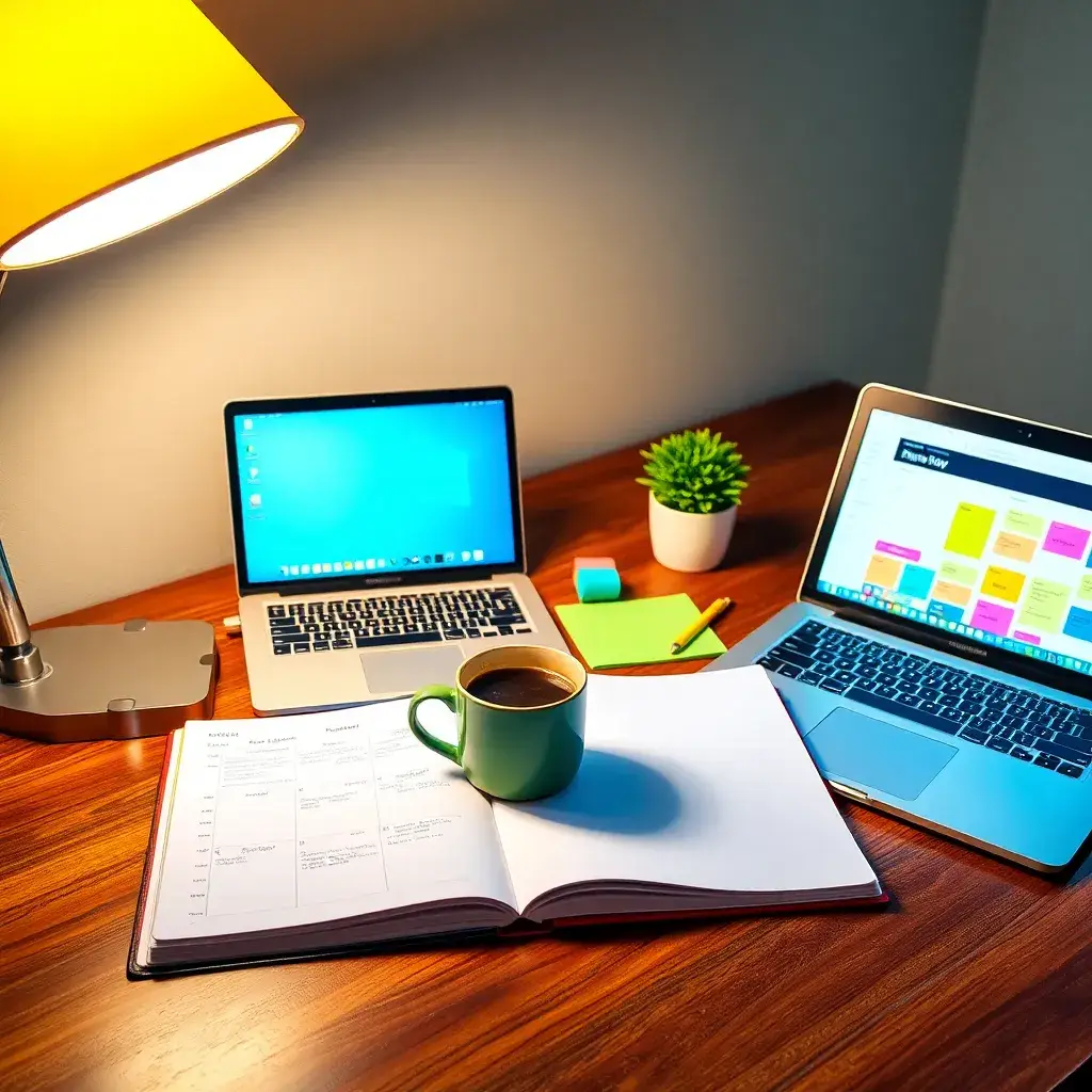Luz cálida de lámpara sobre un escritorio ordenado con laptop, agenda, café y notas coloridas, inspirando productividad en Colombia.