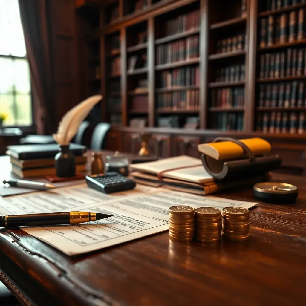 Mesa de madera antigua con documentos tributarios, pluma, calculadora y monedas de oro en una oficina legal en Colombia.