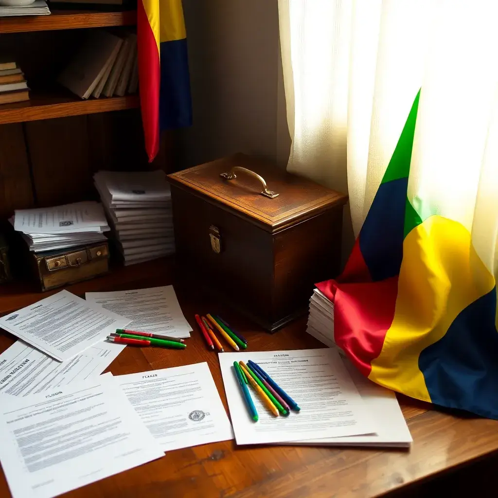 Escritorio de madera con materiales electorales: caja de votación, formularios de registro, documentos legales y bandera de Colombia.