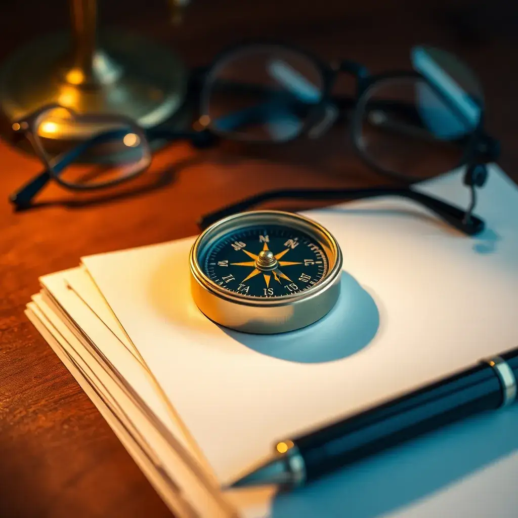Brújula de bronce sobre documentos legales, rodeada de gafas vintage y pluma en un escritorio de caoba, simbolizando finanzas en Colombia.