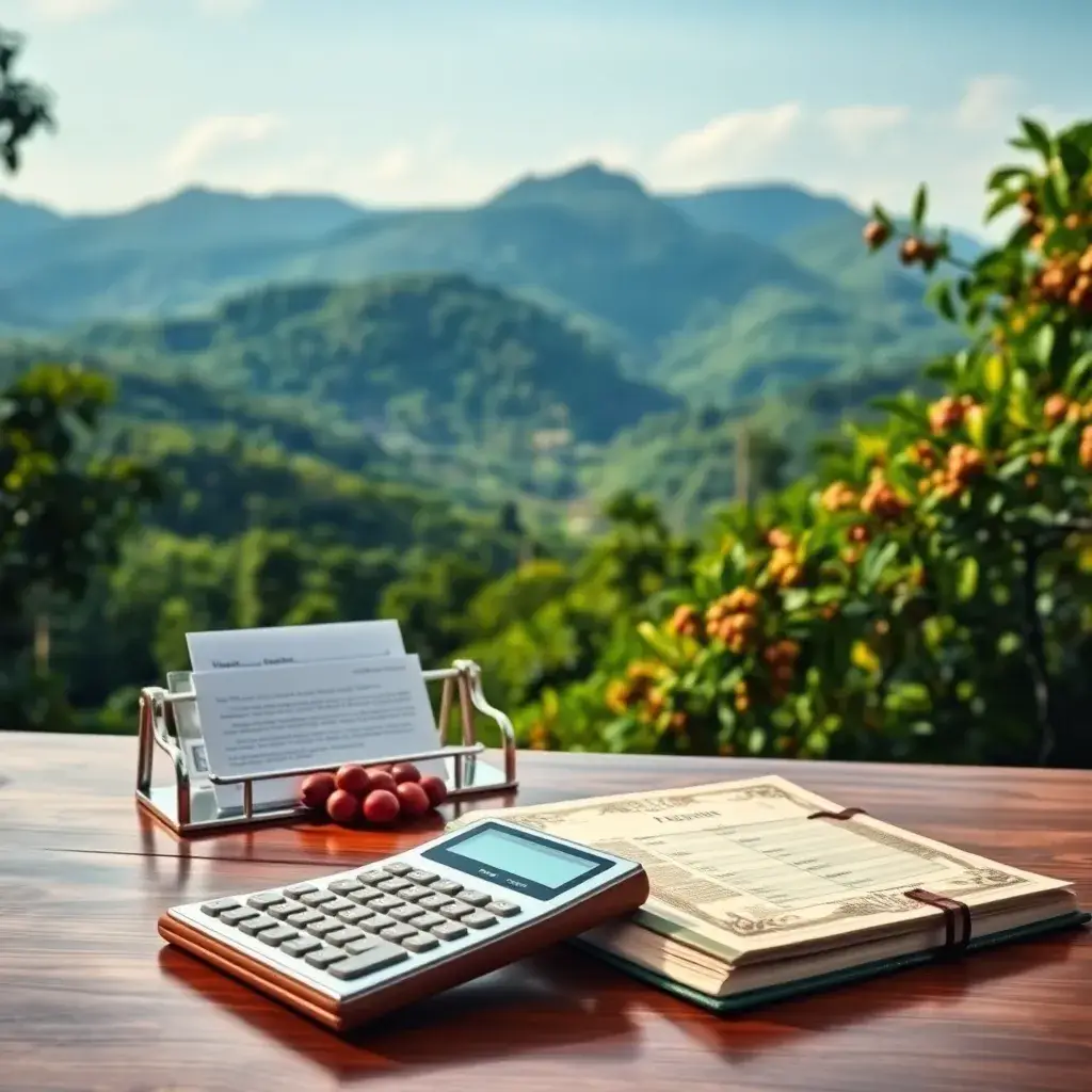 Paisaje colombiano con montañas verdes, plantación de café y mesa elegante con documentos tributarios, calculadora y libro contable.
