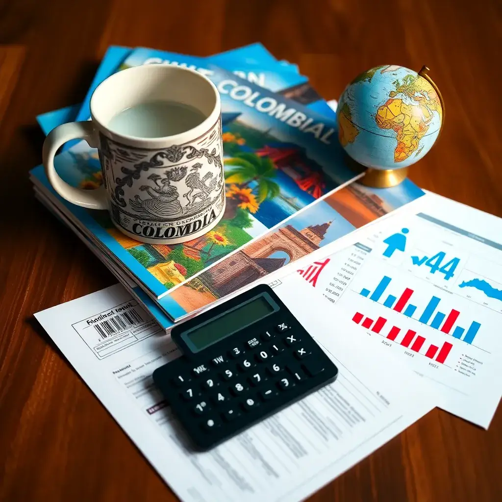 Vistoso flat lay con taza de café colombiano, folletos turísticos, calculadora y globo, sobre fondo de madera.