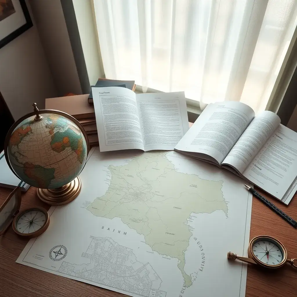Escritorio organizado con un mapa detallado de Colombia, documentos legales y un globo terráqueo, iluminado por luz natural.
