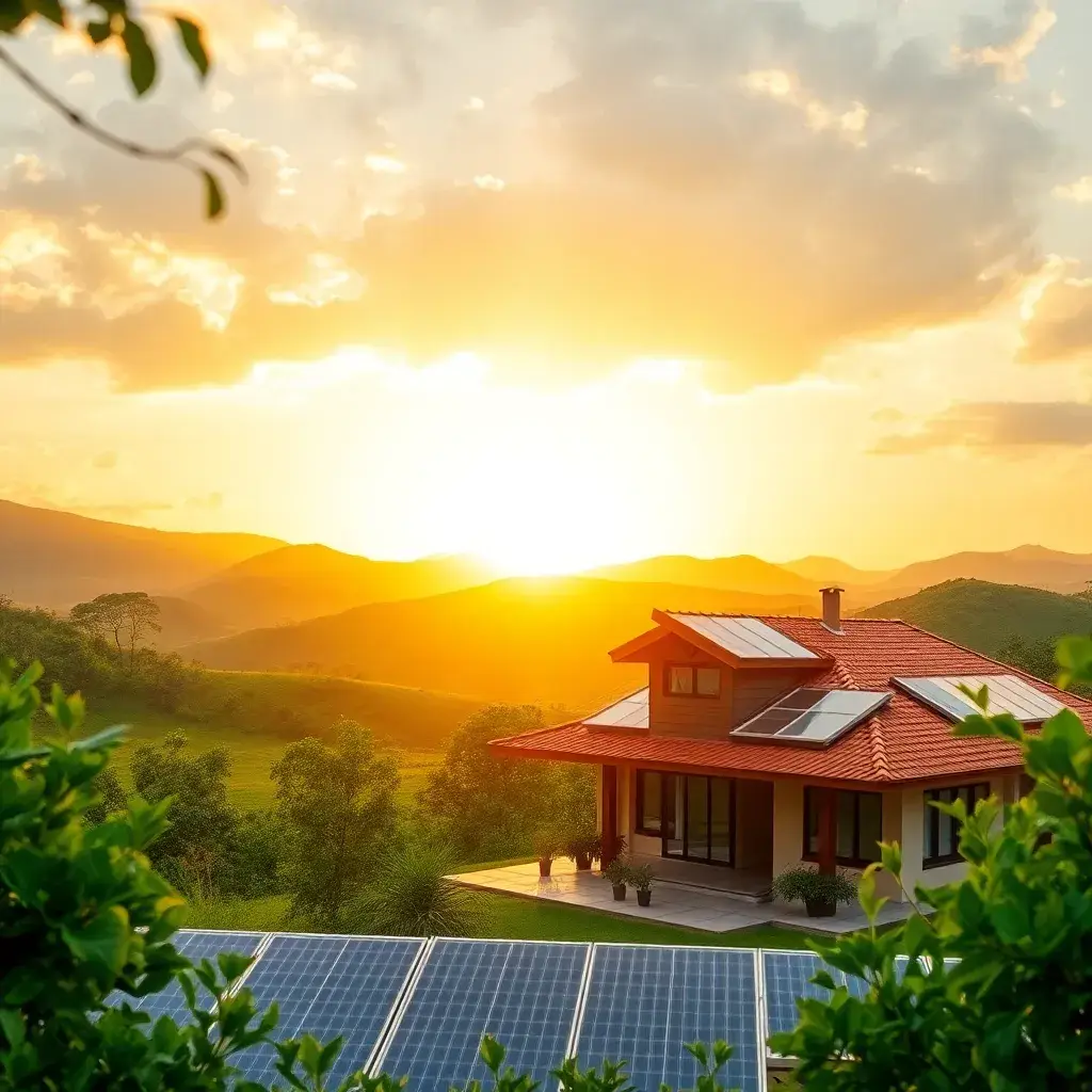 Paneles solares brillantes reflejando la luz dorada del sol en un paisaje colombiano, con una casa moderna y colinas verdes.