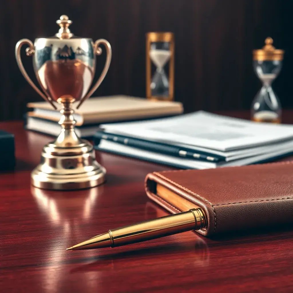 Escritorio de madera pulida con un bolígrafo dorado, un cuaderno de cuero y documentos, evocando profesionalismo en Colombia.