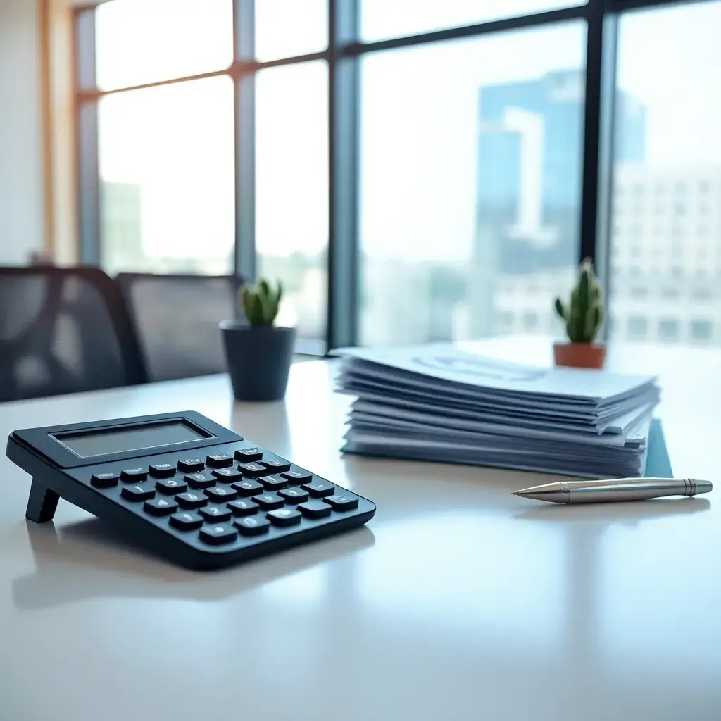 Escritorio moderno con calculadora, documentos financieros y cactus en oficina profesional en Colombia, iluminado por luz natural.