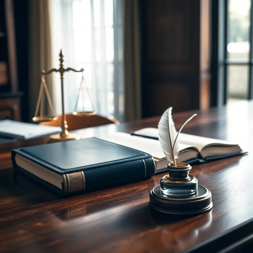 Escritorio de madera pulida con balanza de justicia, libro contable y pluma, en un ambiente financiero profesional en Colombia.