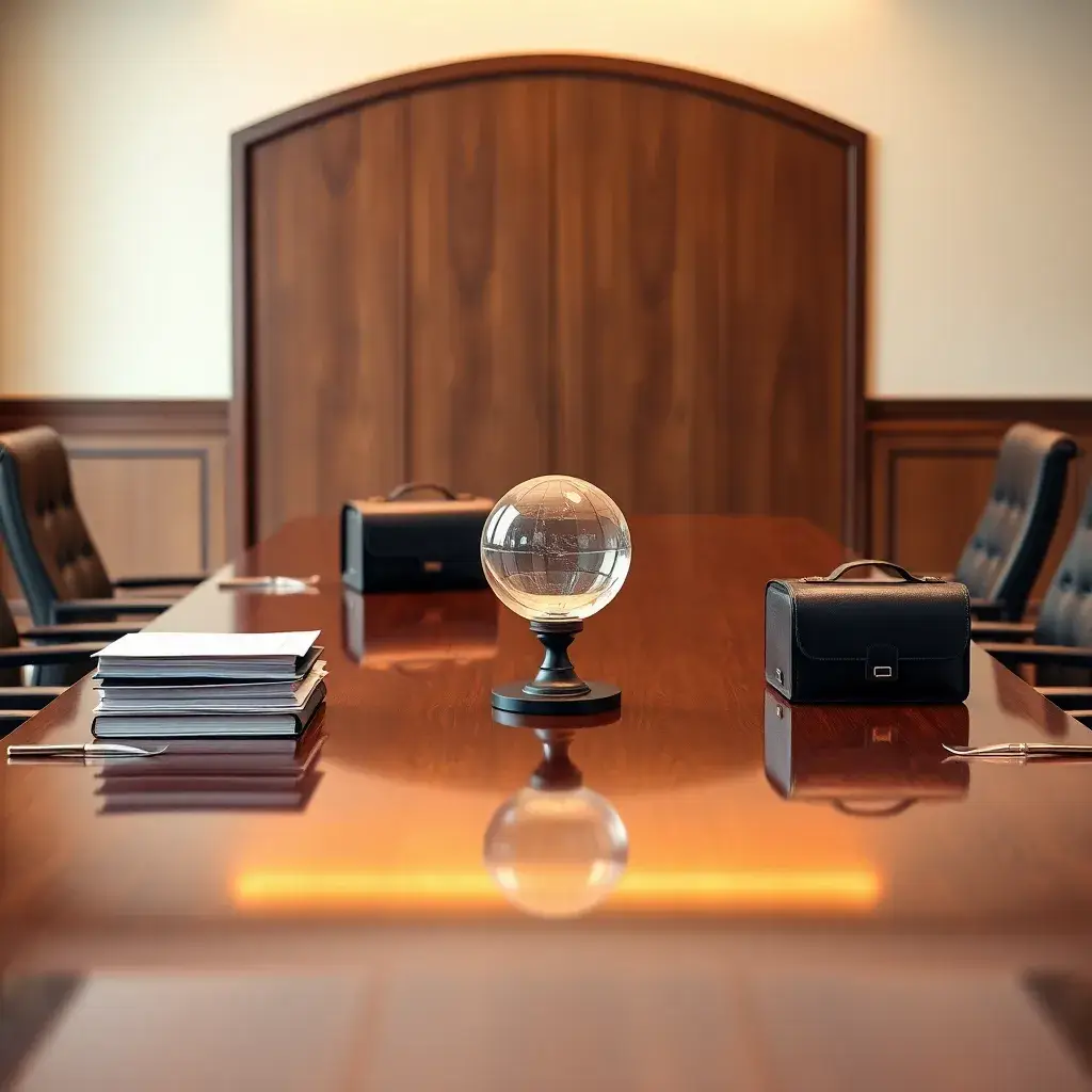 Mesa de conferencia elegante de madera pulida con documentos legales y maletines, creando un ambiente sofisticado en Colombia.
