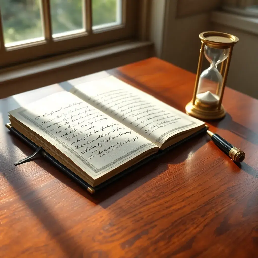 Escritorio de madera pulida con un antiguo libro de contabilidad, pluma dorada y un reloj de arena, todo iluminado por luz natural en Colombia.