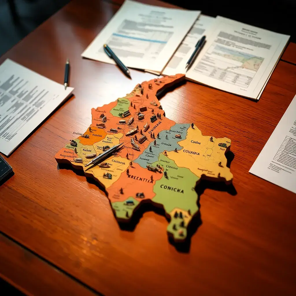 Disposición elegante de mapas en miniatura de diversas regiones de Colombia, junto a documentos legales y financieros sobre un escritorio pulido.