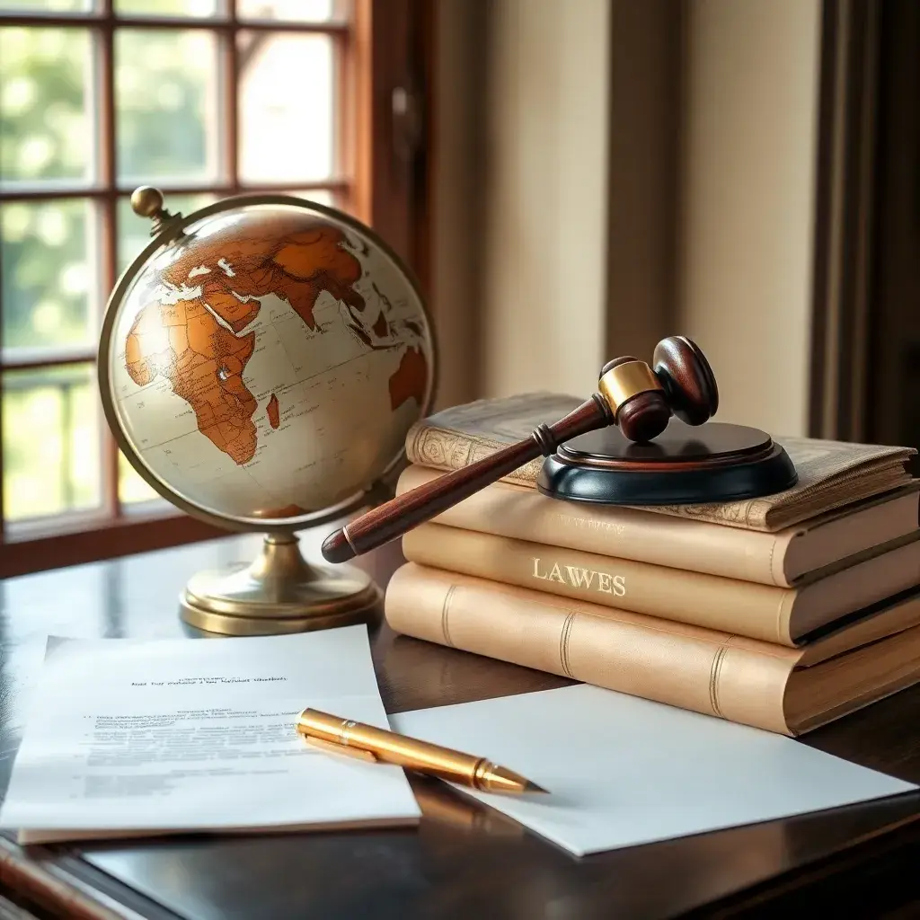 Naturaleza muerta con un globo terráqueo, brújula de bronce, mazo sobre libros de derecho e un bolígrafo junto a un pergamino, iluminados por luz natural.