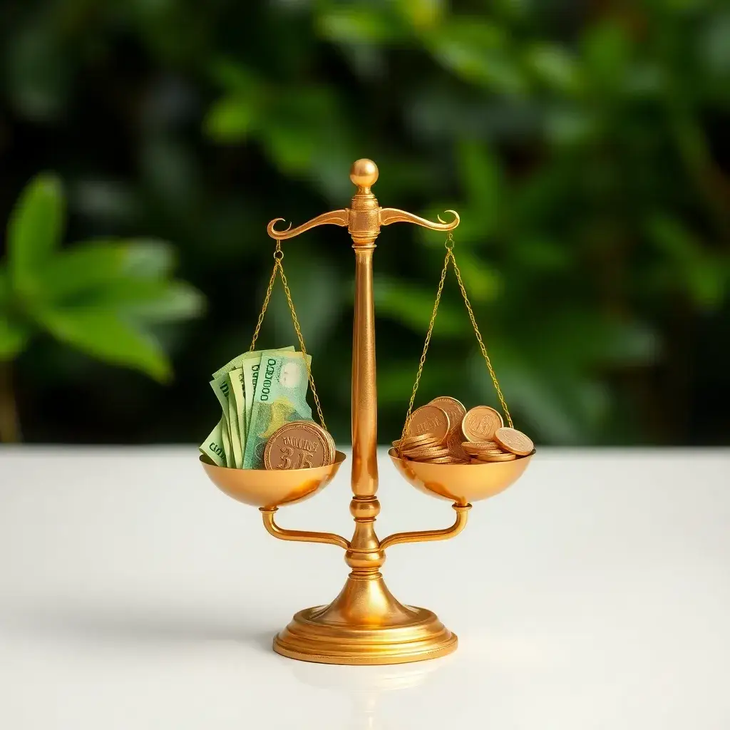 Balanza dorada equilibrada sobre una superficie blanca, con billetes colombianos verdes y monedas de bronce, entre hojas verdes.