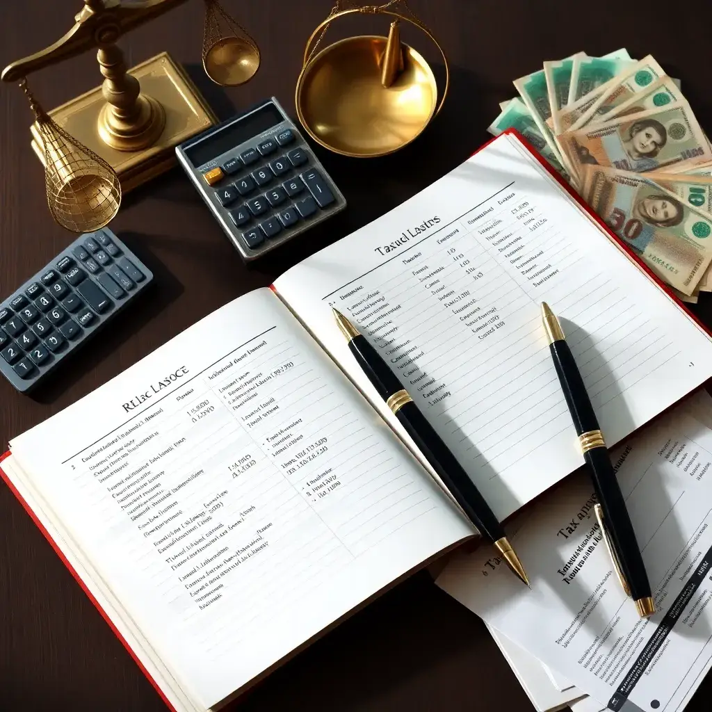 Composición organizada con un libro de contabilidad abierto, calculadora vintage, balanza de bronce, billetes colombianos y documentos fiscales.