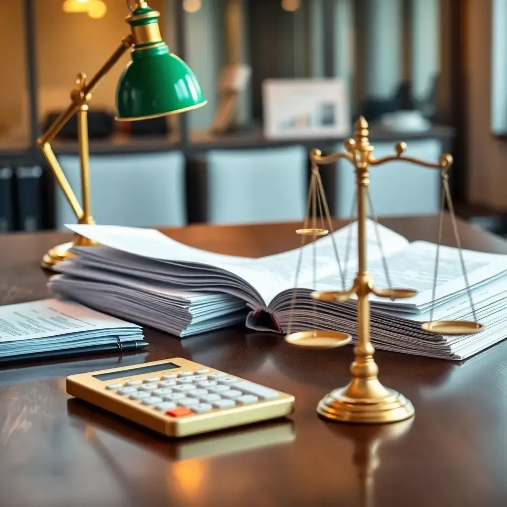 Escritorio de madera pulida con documentos legales y financieros, calculadora dorada y balanza de bronce en un fondo de oficina moderna.