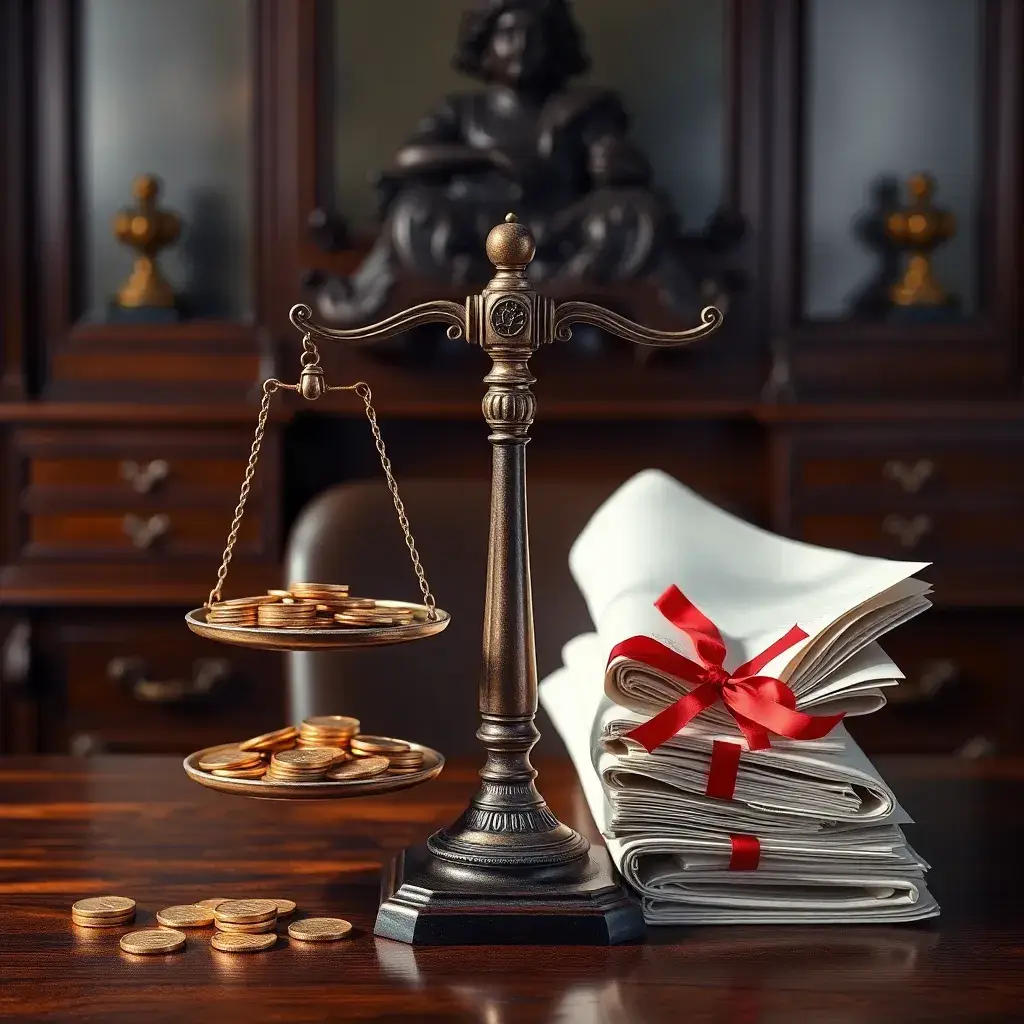 Compposición con una balanza vintage, monedas de oro y documentos legales atados, sobre un escritorio de madera, evocando responsabilidad financiera en Colombia.