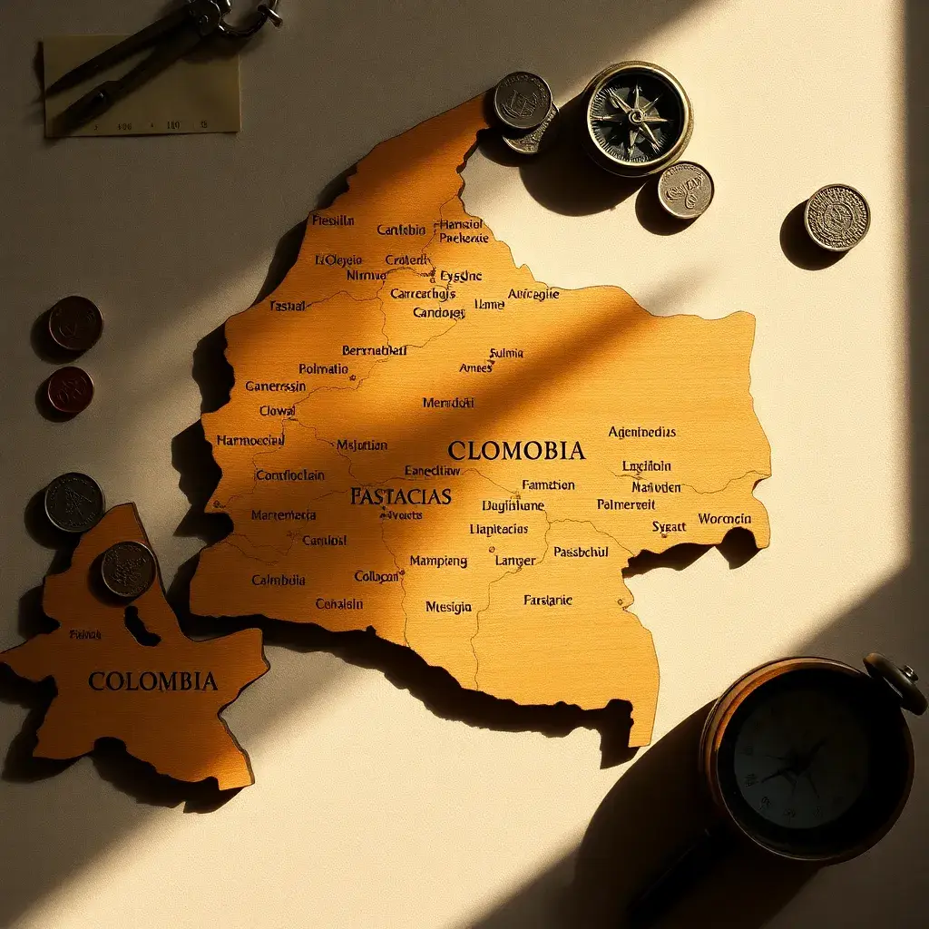 Colección de mapas de madera de departamentos y municipios de Colombia, monedas tradicionales y una brújula vintage sobre fondo neutral.
