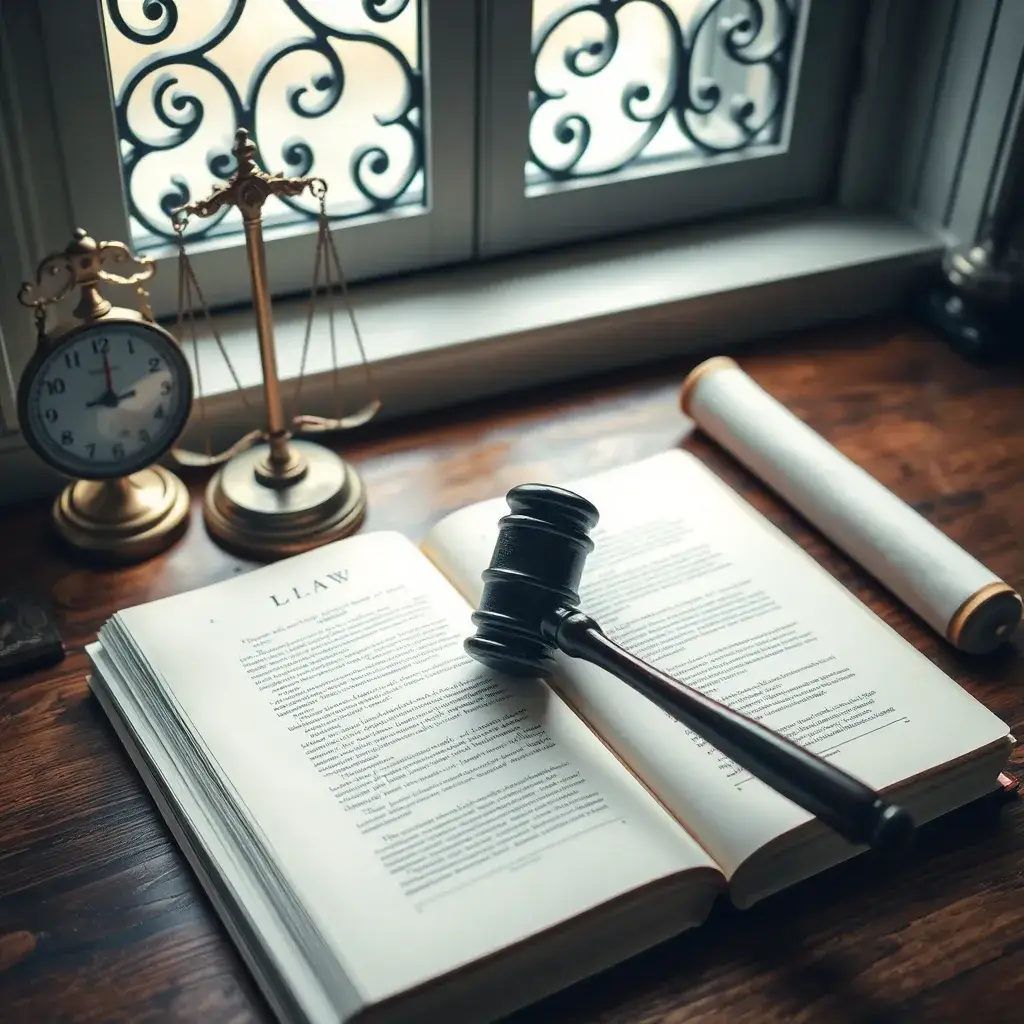 Martillo de juez sobre un libro de leyes abierto, con balanza vintage y pergamino, iluminado suavemente, evocando el ámbito legal en Colombia.