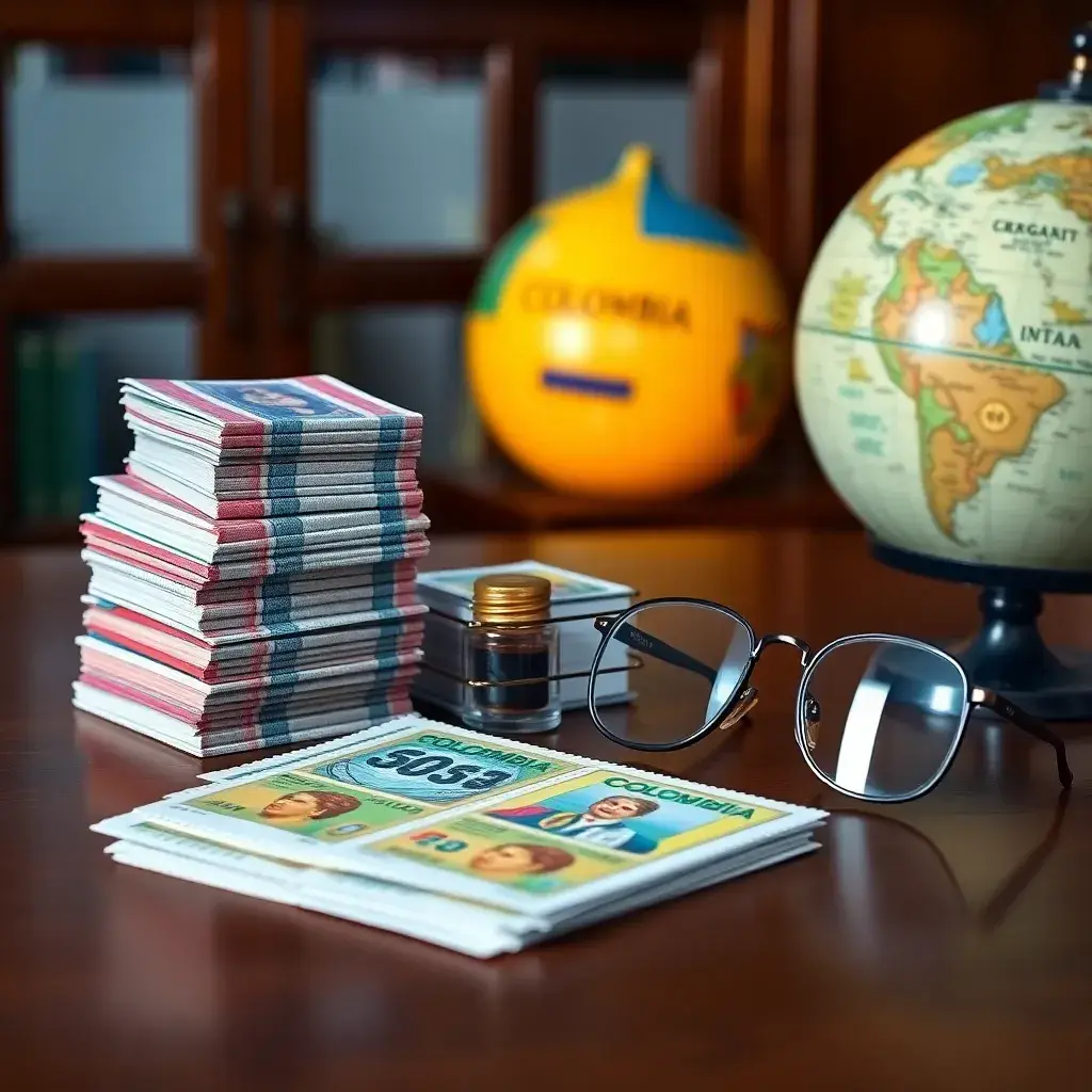 Escritorio de madera pulida con sellos oficiales coloridos, tinte y gafas antiguas, con un globo que destaca a Colombia.