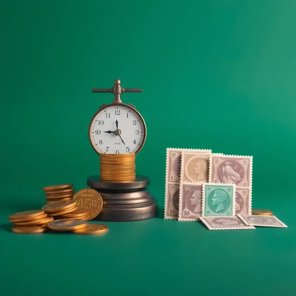 Balanza vintage con monedas de oro y estampillas fiscales decorativas sobre fondo verde esmeralda, representando temas tributarios en Colombia.