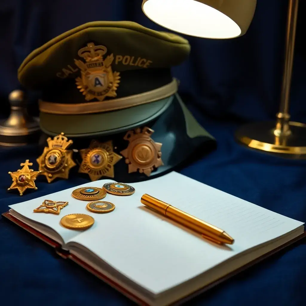 Colección de insignias de latón, gorra táctica, casco militar y cuaderno, iluminada suavemente, reflejando orden y autoridad en Colombia.