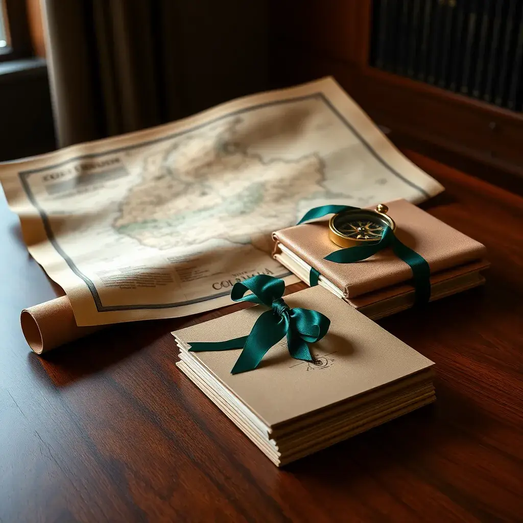 Escritorio de madera con un mapa antiguo de Colombia, brújula de bronce y documentos legales, iluminado cálidamente.