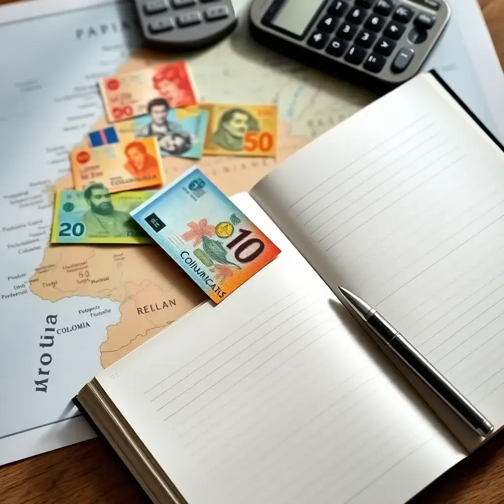 Mapa de Colombia con billetes de pesos, un libro de contabilidad abierto, un bolígrafo y una calculadora antigua, iluminado con luz natural.