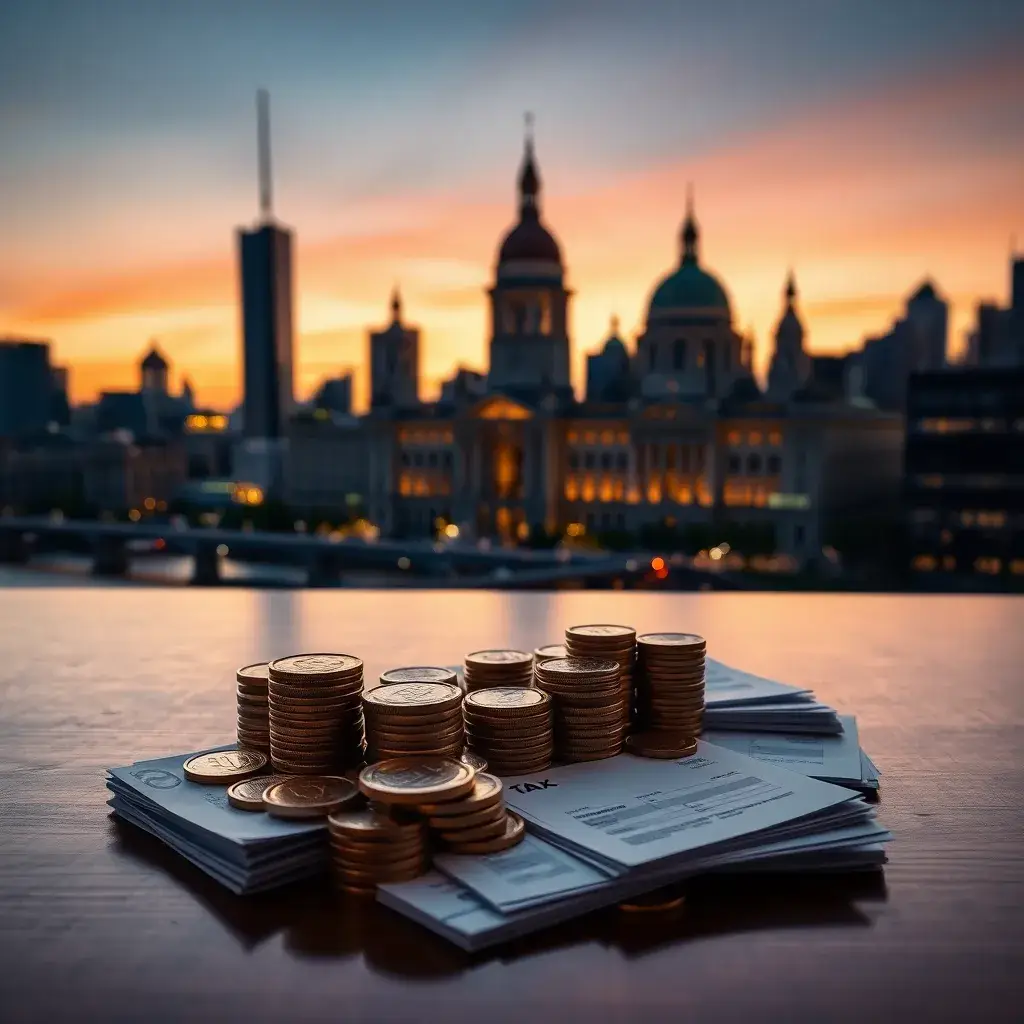 Vistas de una ciudad moderna al atardecer, con edificios gubernamentales y monedas junto a formularios tributarios en Colombia.