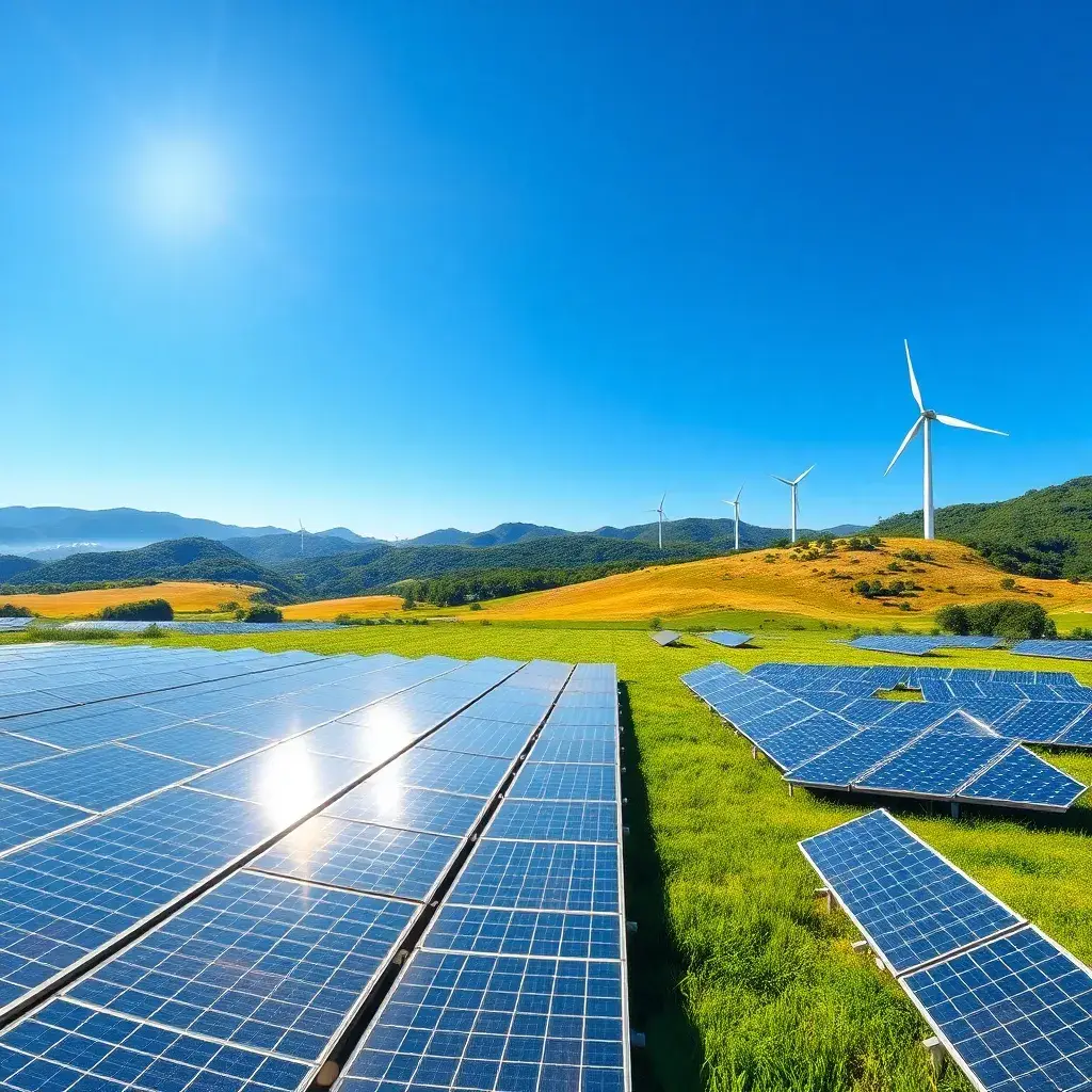 Paisaje sereno en Colombia con paneles solares brillando bajo el sol, turbinas eólicas en el fondo y montañas verdes.