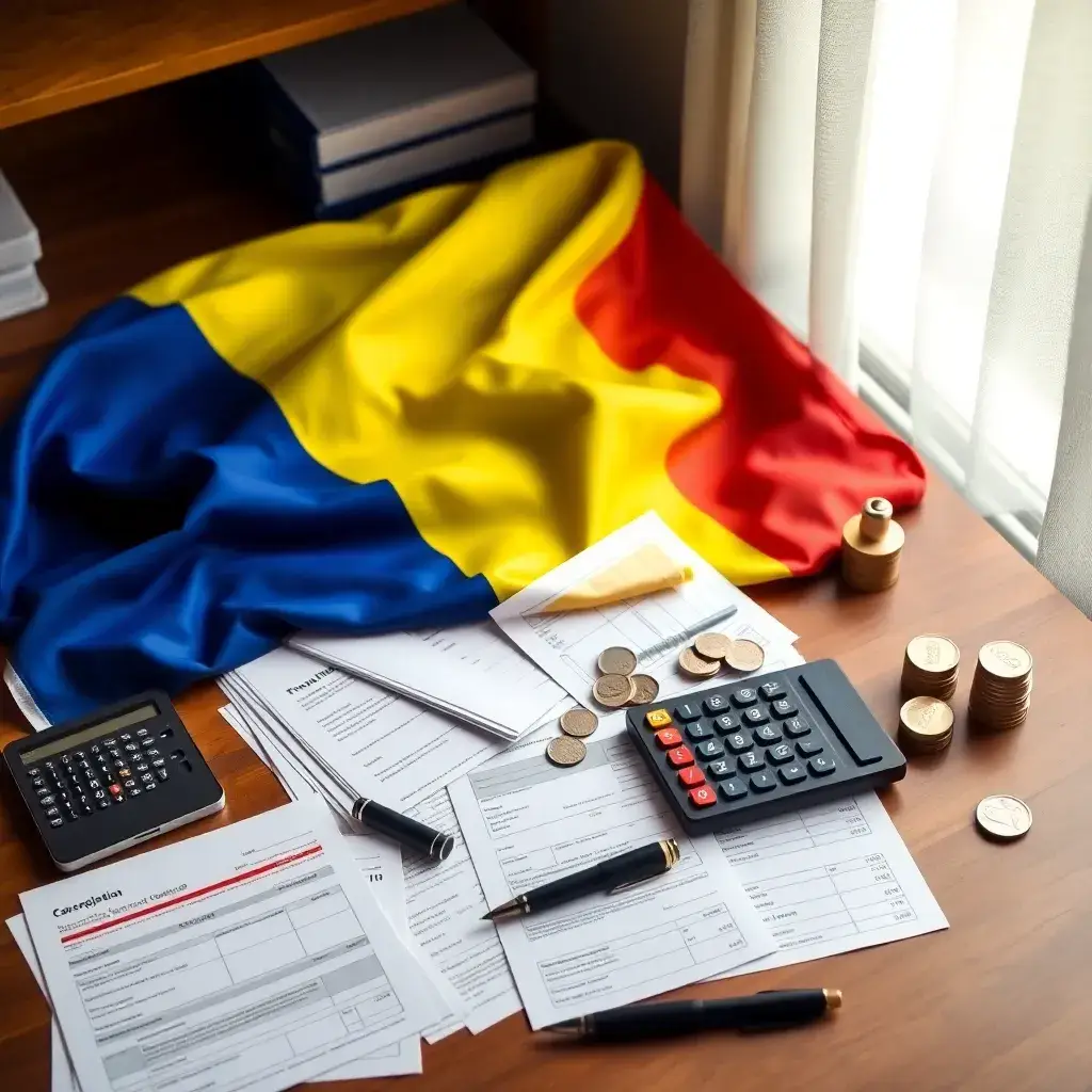 Bandeja ordenada con una bandera colombiana, formularios tributarios, un ábaco, calculadora, monedas y pluma vintage.