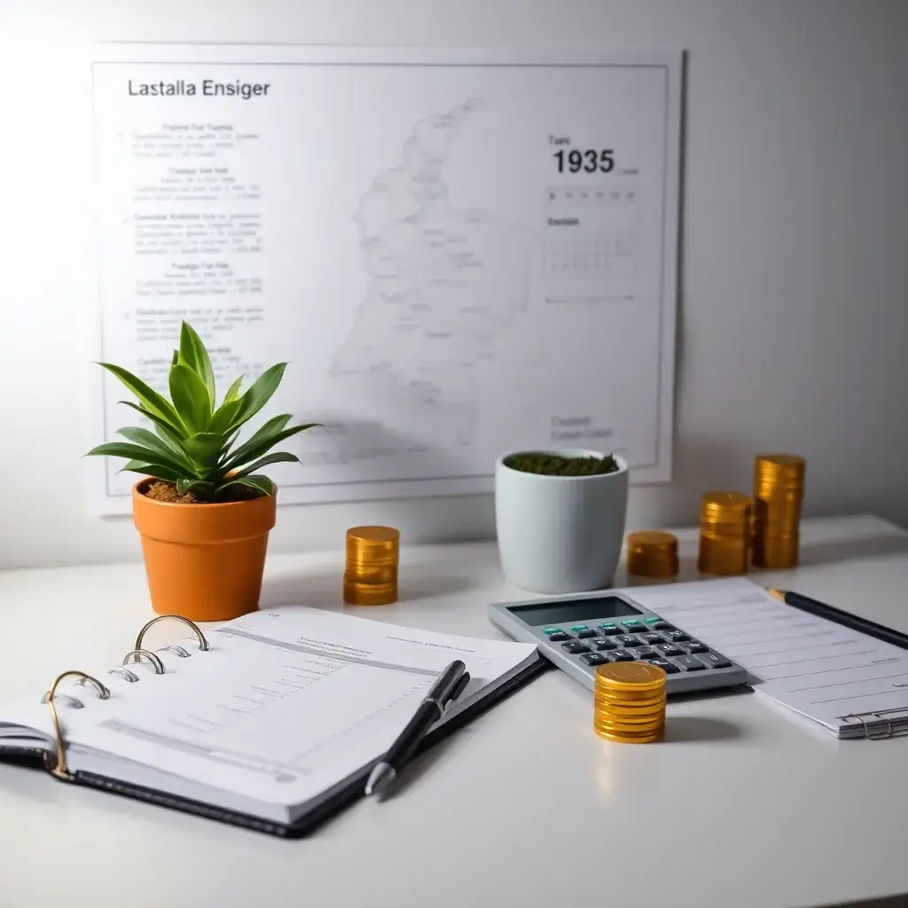 Escritorio ordenado con un libro de contabilidad, calculadora minimalista, planta verde y monedas doradas, reflejando la responsabilidad fiscal en Colombia.