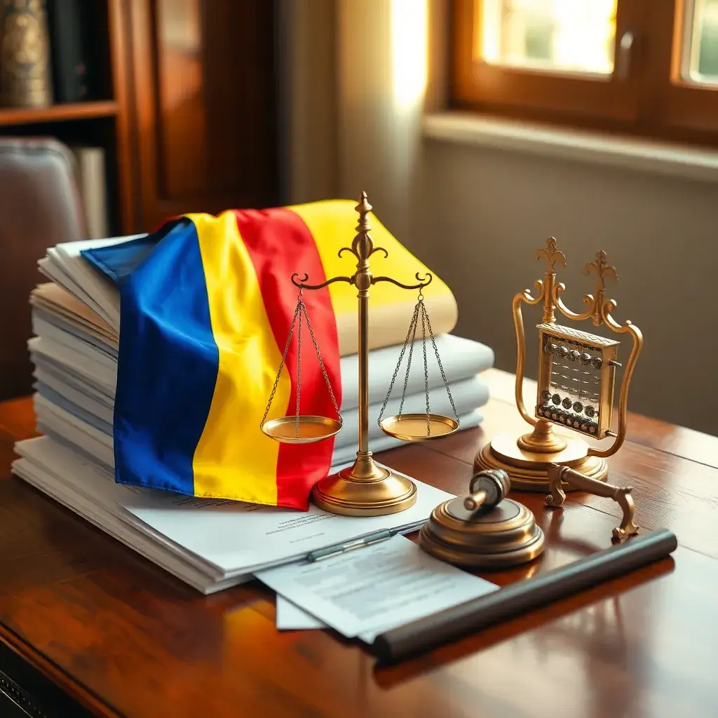 Escritorio de madera pulida con documentos legales, balanza de justicia y ábaco, todo iluminado suavemente, en un contexto tributario colombiano.