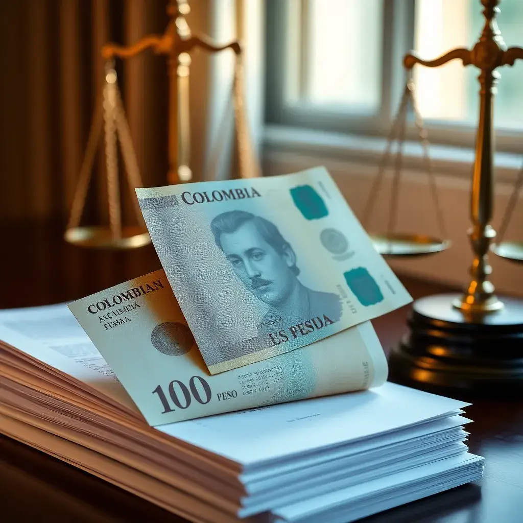 Billete de peso colombiano sobre documentos legales, con una balanza de justicia en el fondo, iluminado por luz natural.