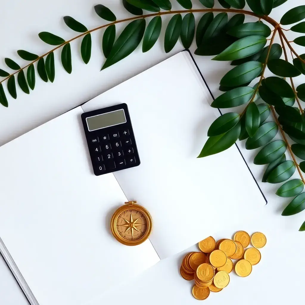 Registro financiero organizado con una calculadora negra, monedas doradas y el compás entre follaje verde colombiano, simbolizando claridad.