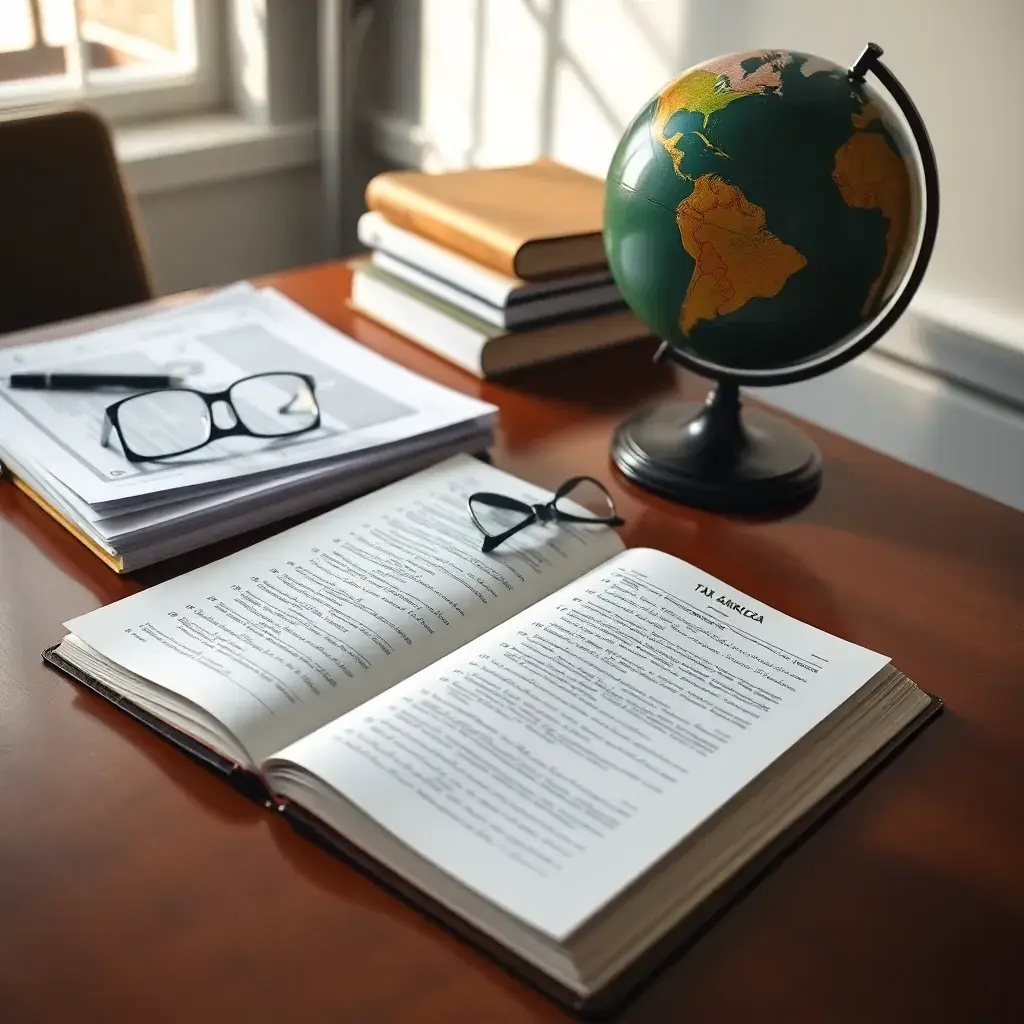 Escritorio de madera pulida con un libro de cuentas abierto, documentos tributarios y un globo de Sudamérica, todo iluminado por luz natural.