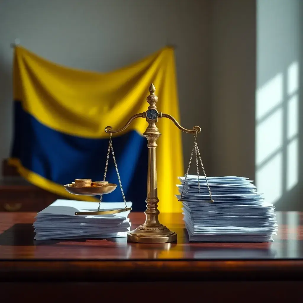 Arreglo elegante de la bandera colombiana sobre un escritorio de madera pulida, con una balanza de bronce, monedas y formularios.
