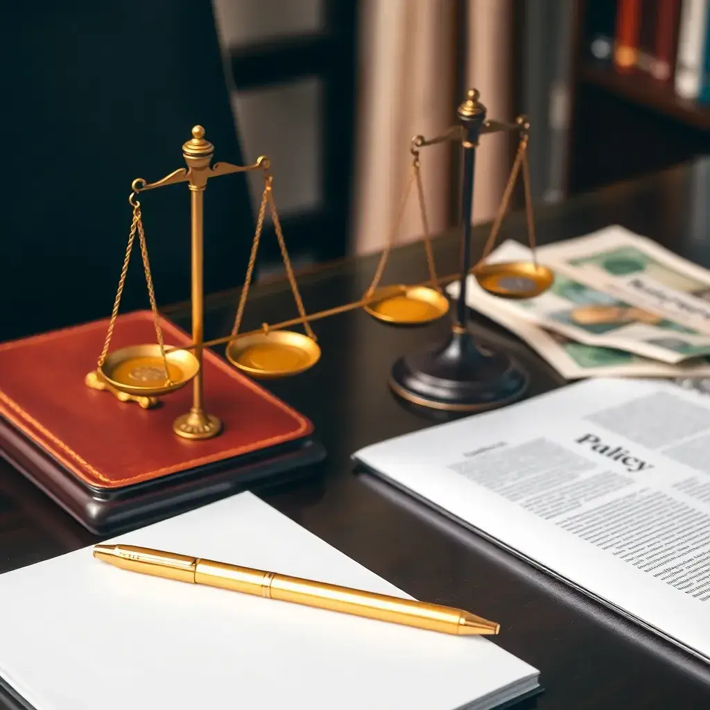 Escritorio de madera oscura con un cuaderno blanco y un bolígrafo dorado, junto a un documento legal y una balanza de justicia en un ambiente sereno.