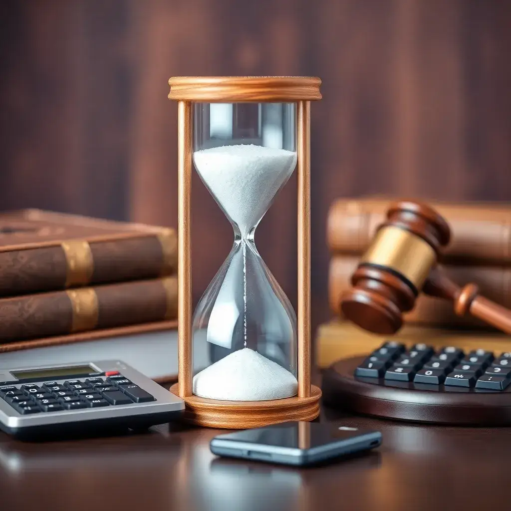 Reloj de arena vintage con arena, libros de derecho, un martillo de juez y una calculadora sobre fondo de caoba, simbolizando obligaciones legales y financieras en Colombia.