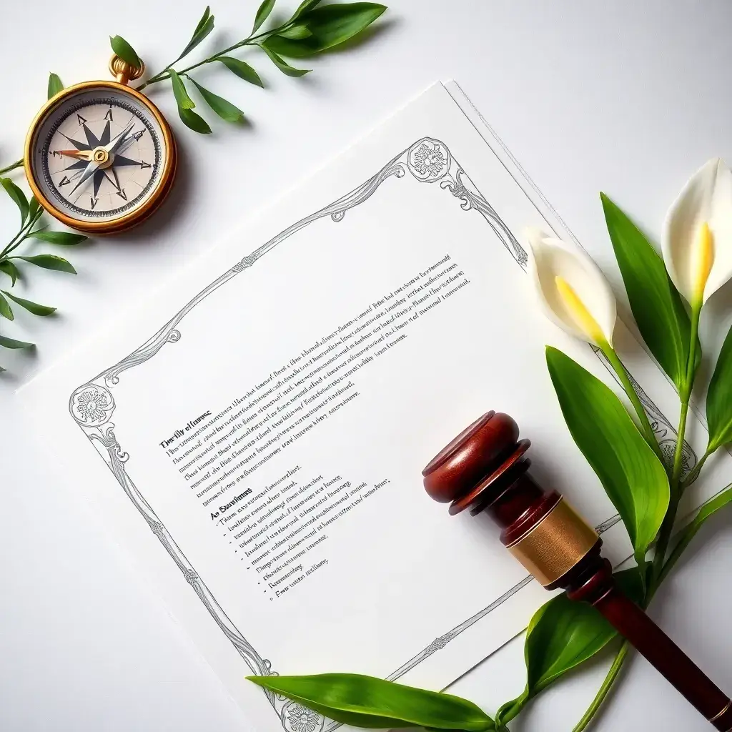 Composición distintiva con brújula vintage, documento legal abierto y mazo de juez sobre madera, rodeados de lirios, en un ambiente profesional.