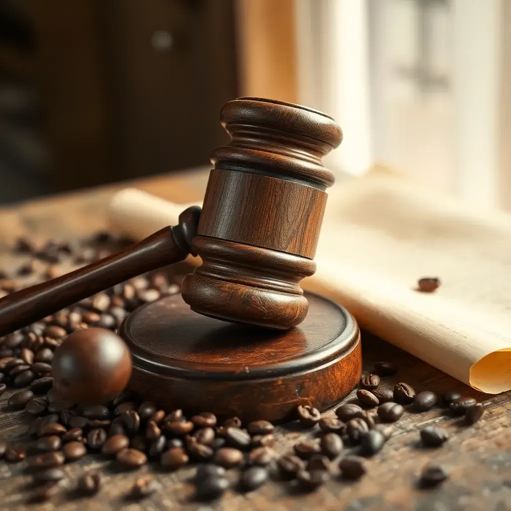 Mazo de madera desgastado sobre una mesa rústica, rodeado de granos de café y un documento, evocando justicia en Colombia.