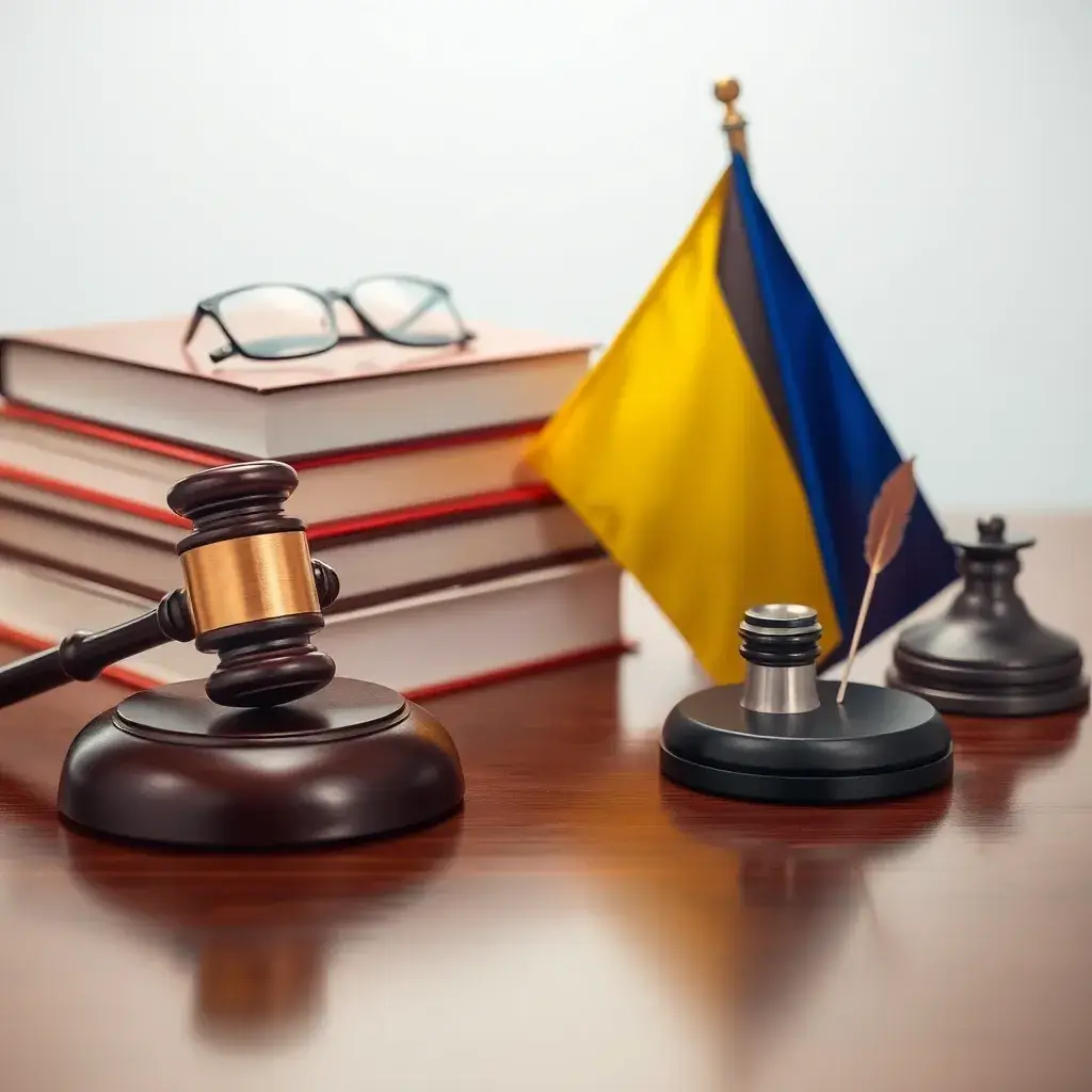 Escritorio de madera pulida con un martillo judicial, libros legales, gafas, bandera de Colombia, tintero y pluma.