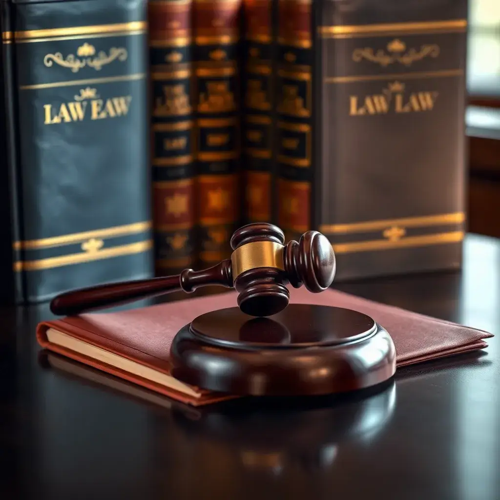 Mesa elegantemente dispuesta con un mazo de juez sobre un escrito legal, acompañada de libros de derecho, evocando autoridad en Colombia.