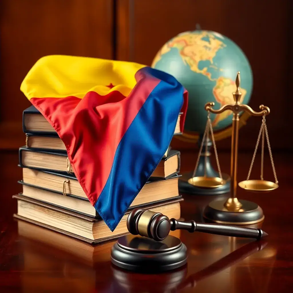 Bandera de Colombia elegantemente dispuesta sobre libros de leyes, con un mazo y una balanza de justicia en una mesa de caoba.