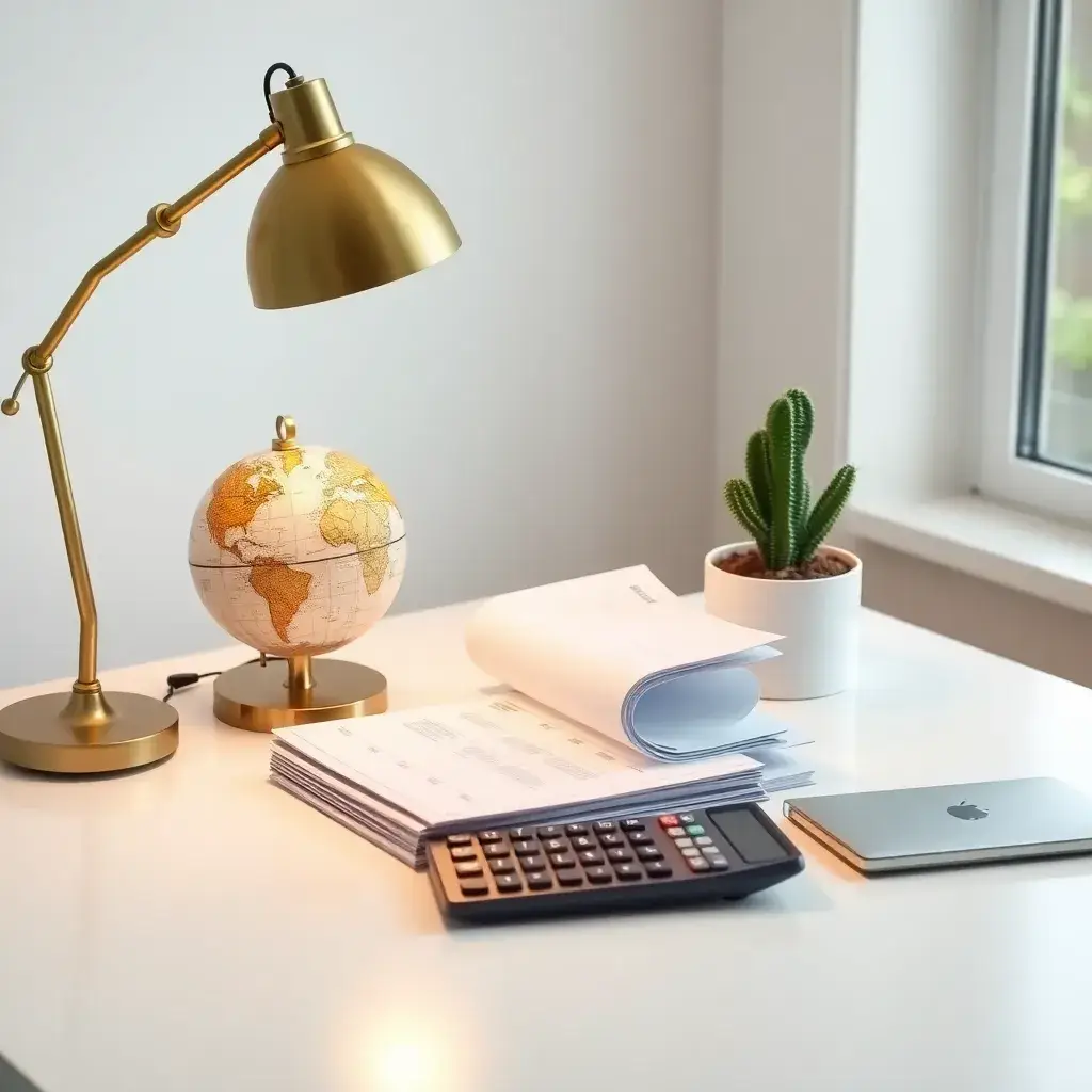Escritorio ordenado con documentos financieros, lámpara de bronce, globo vintage y cactus, en ambiente profesional en Colombia.